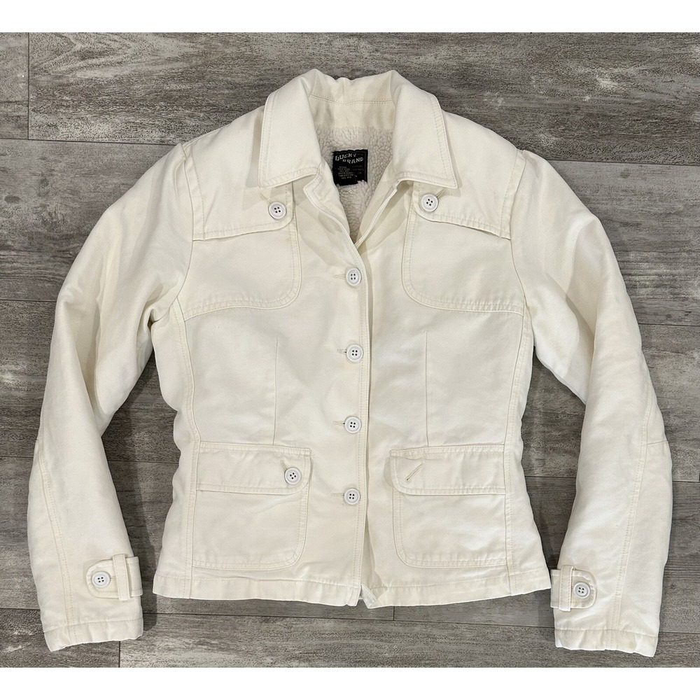 Lucky Brand Womens Sherpa Lined Button Jacket White Size Medium See Desc **
